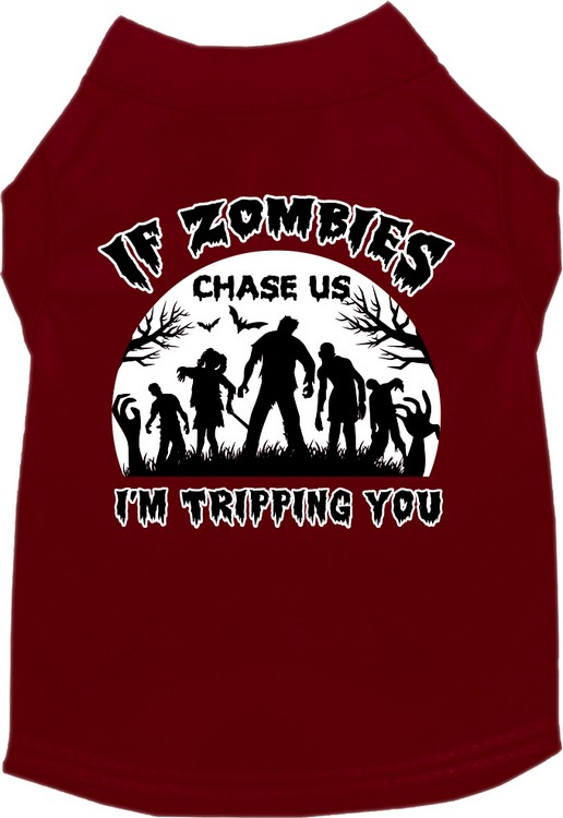 If Zombies Chase Us Screen Print Dog Shirt Maroon Size SM